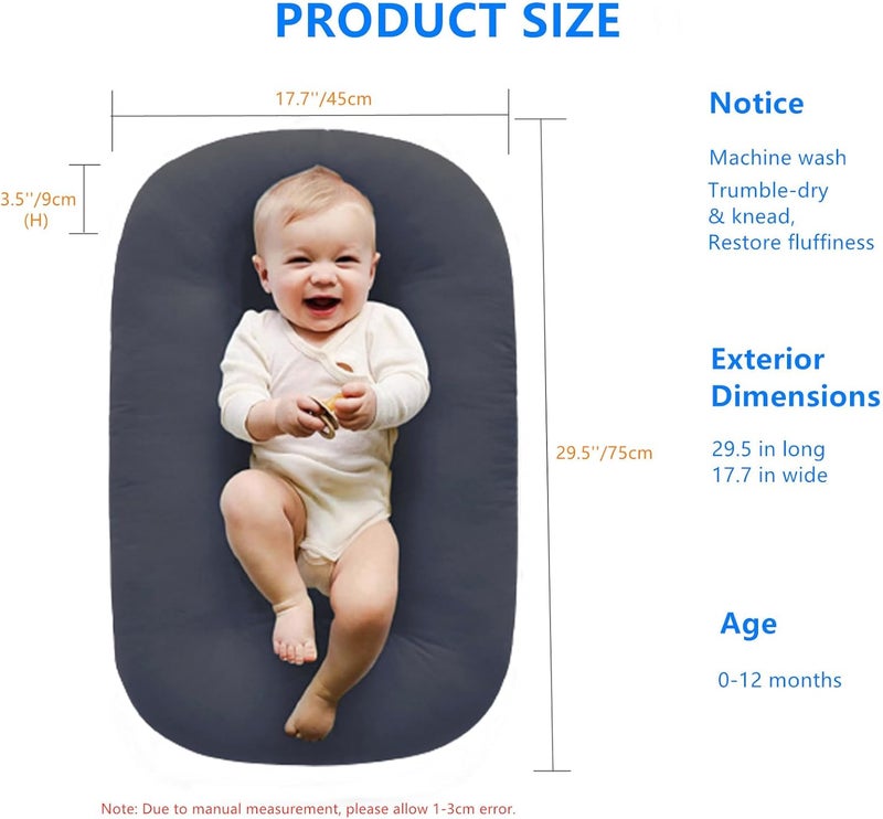 Loevin Baby Lounger for Newborn,Baby Play Mat Soft Cotton Breathable for Playtime & Awake-Time,Flat Babies Essentials Gifts 0-12 Months Home Travel(Dark Gray) - Image 5